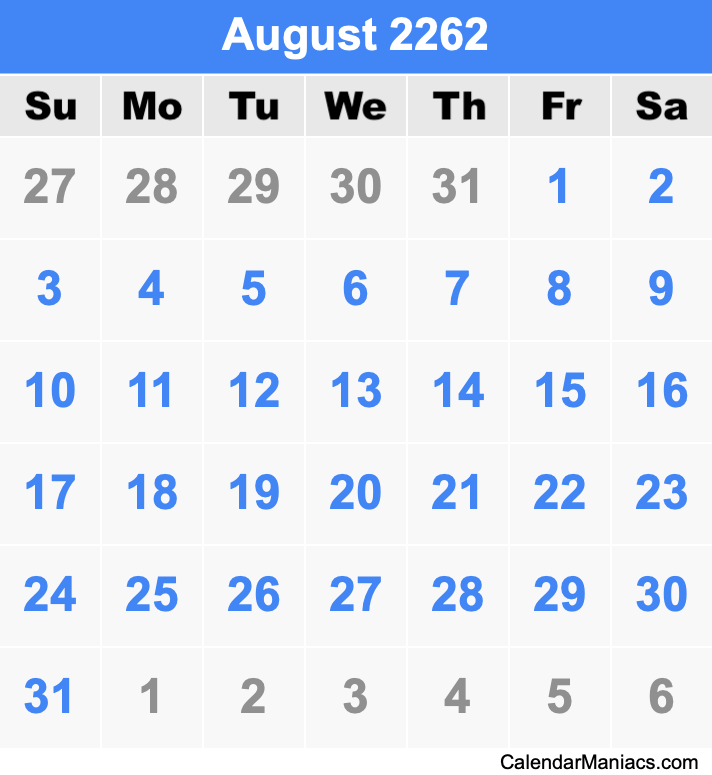 August 2262 Calendar