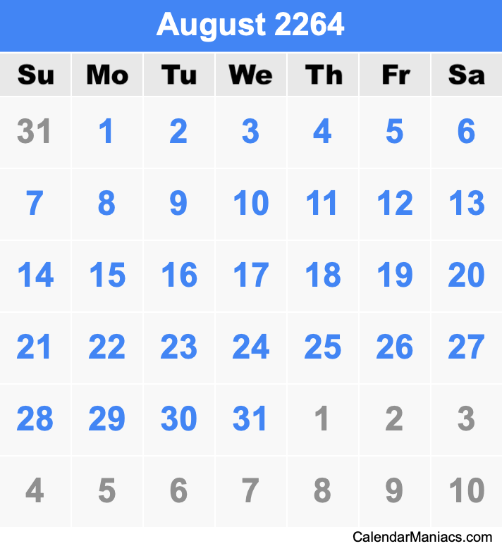 August 2264 Printable Calendar August 2264 Calendar