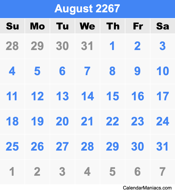 August 2267 Calendar