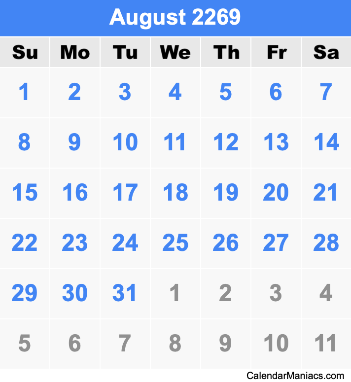 August 2269 Printable Calendar August 2269 Calendar