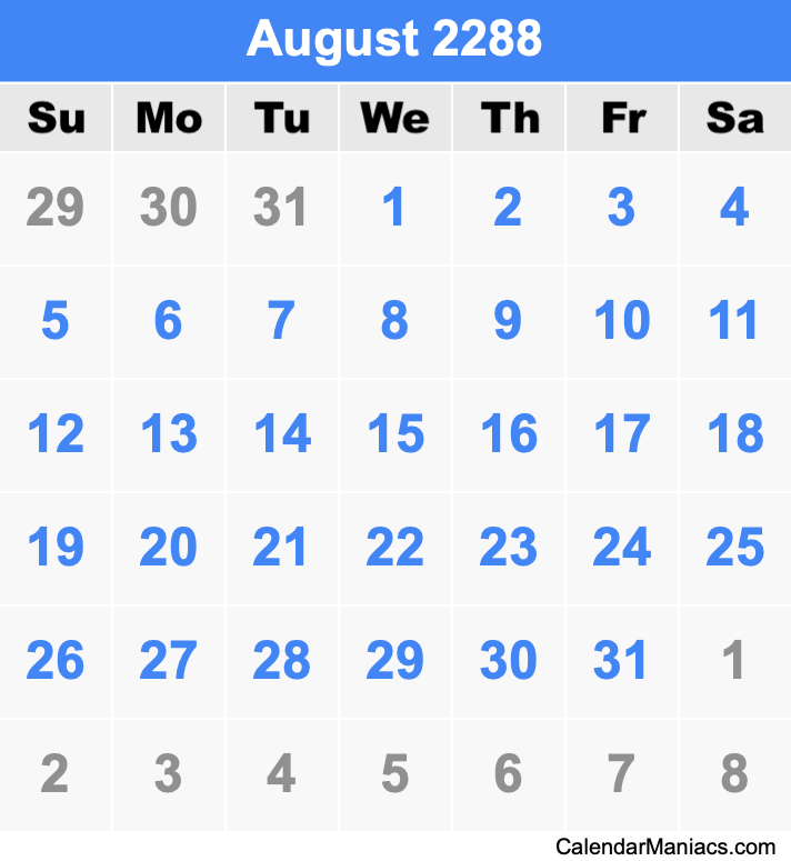 August 2288 Printable Calendar August 2288 Calendar