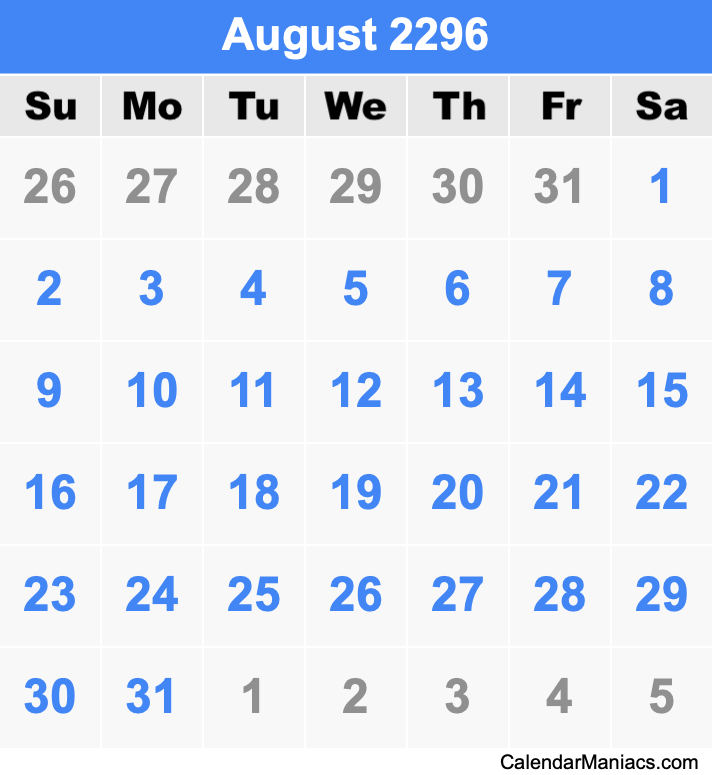 August 2296 Printable Calendar August 2296 Calendar