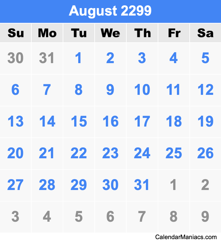 August 2299 Printable Calendar August 2299 Calendar