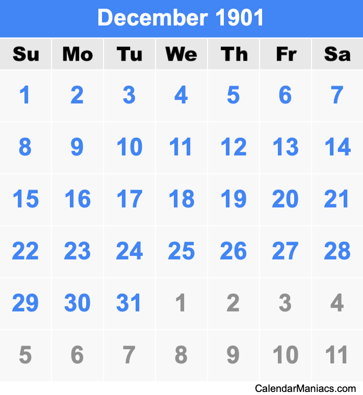 December 1901 Printable Calendar December 1901 Calendar