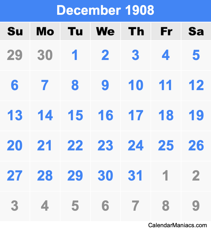 December 1908 Printable Calendar December 1908 Calendar