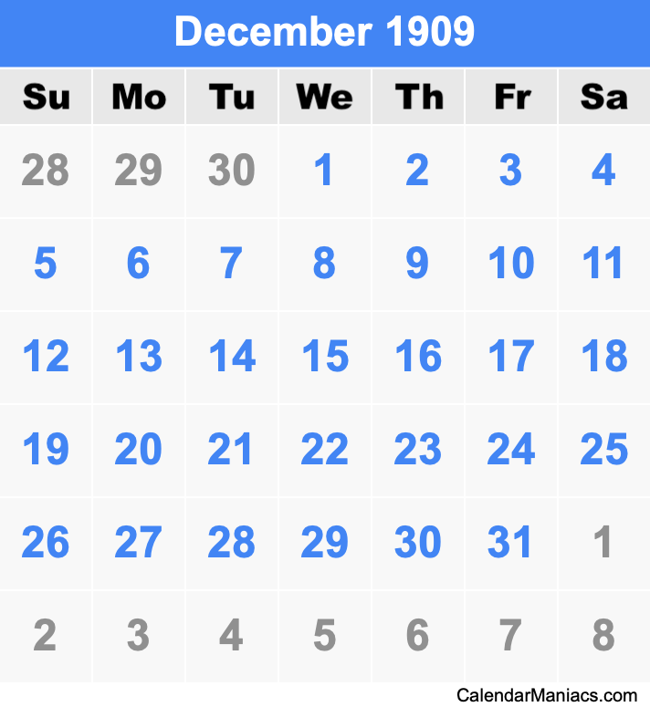 December 1909 Printable Calendar December 1909 Calendar