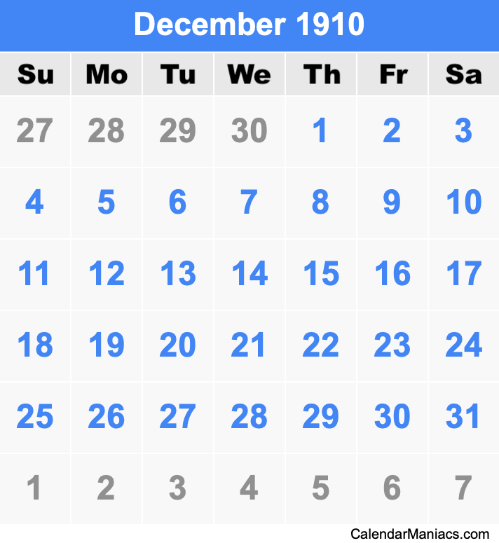 December 1910 Printable Calendar December 1910 Calendar