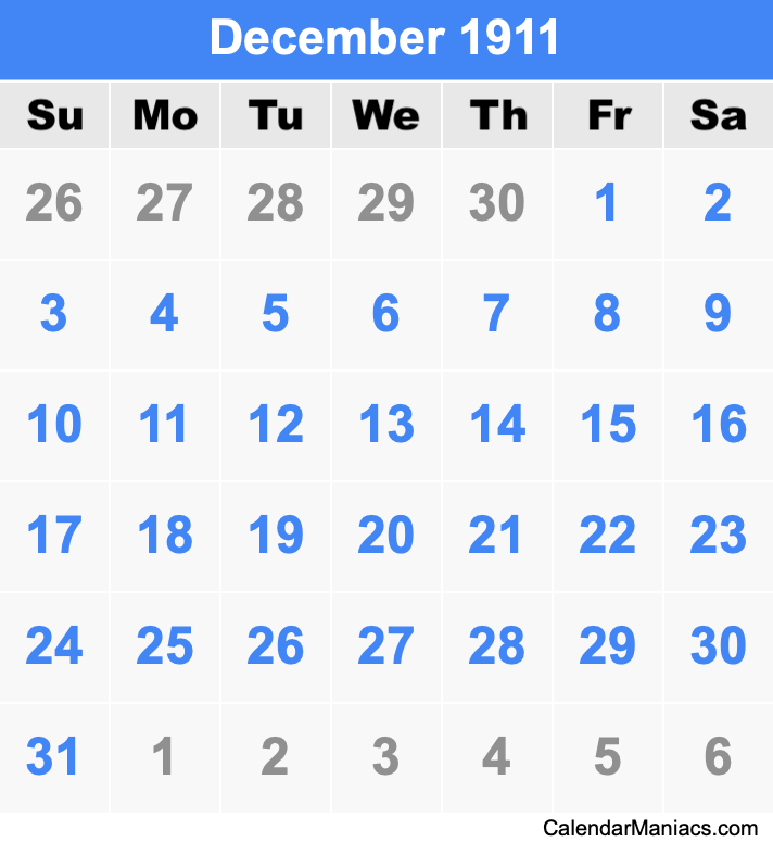December 1911 Printable Calendar December 1911 Calendar