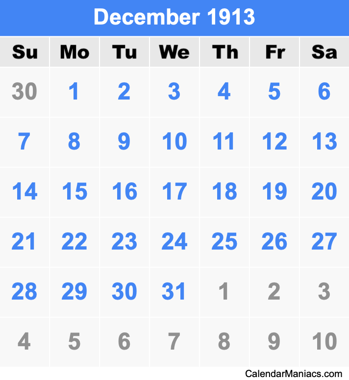 December 1913 Printable Calendar December 1913 Calendar