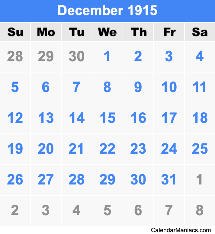 December 1915 Printable Calendar December 1915 Calendar