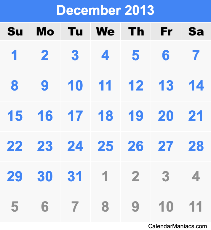 December 2013 Calendar December 2013 Calendar