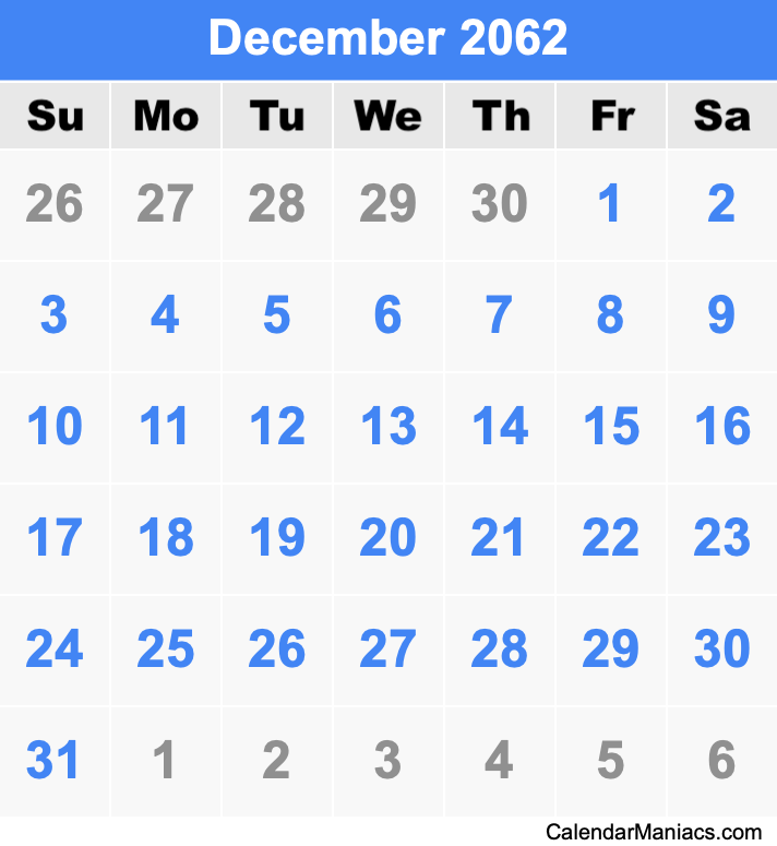 December 2062 Calendar