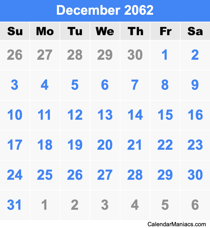 December 2062 Printable Calendar December 2062 Calendar