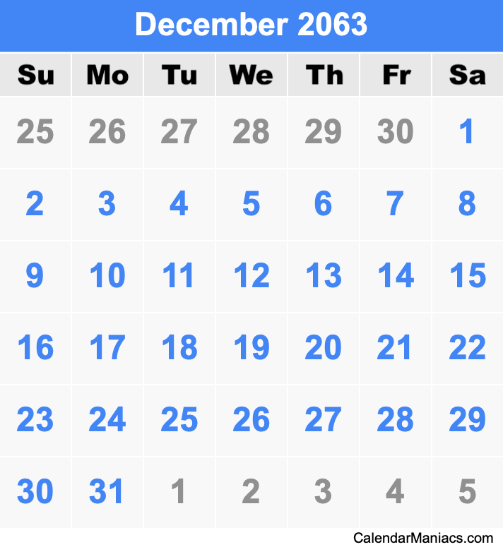 December 2063 Printable Calendar December 2063 Calendar