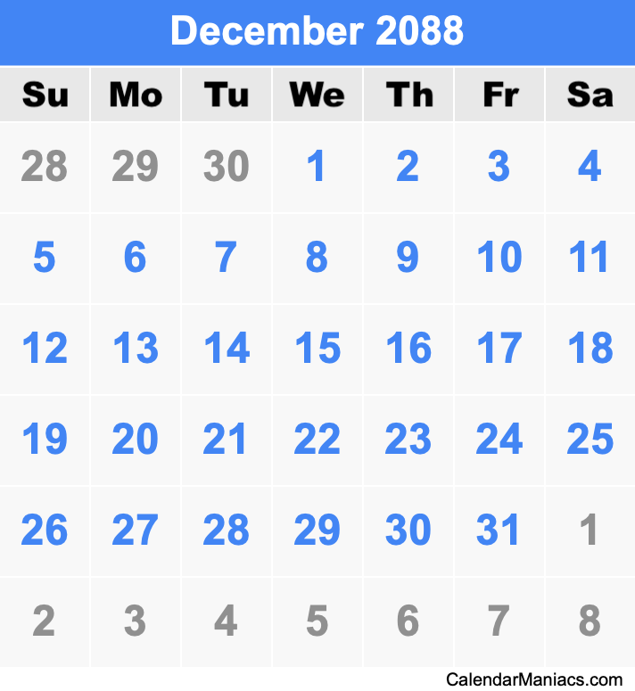 December 2088 Calendar