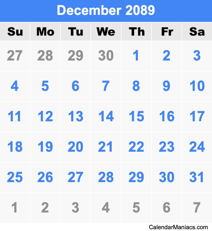December 2089 Calendar