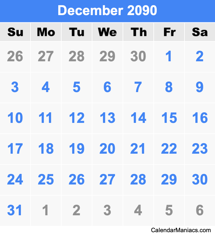 December 2090 Calendar