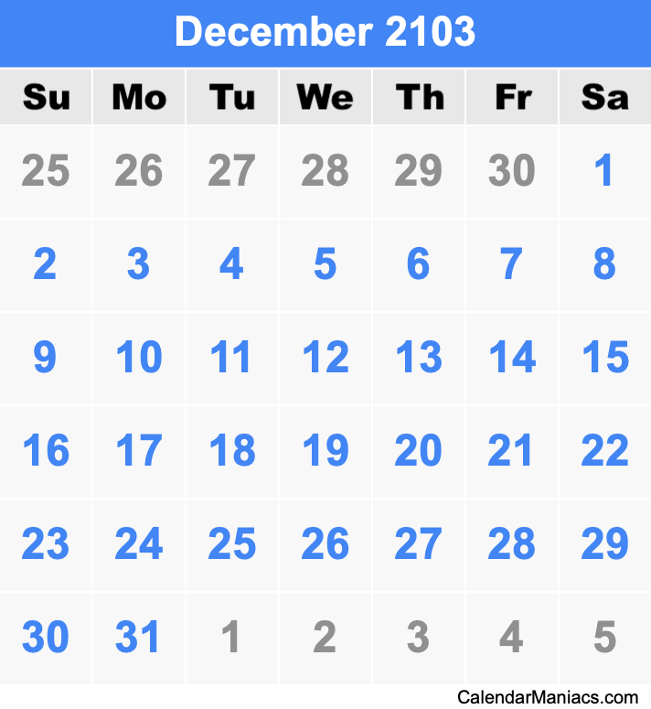 December 2103 Printable Calendar December 2103 Calendar