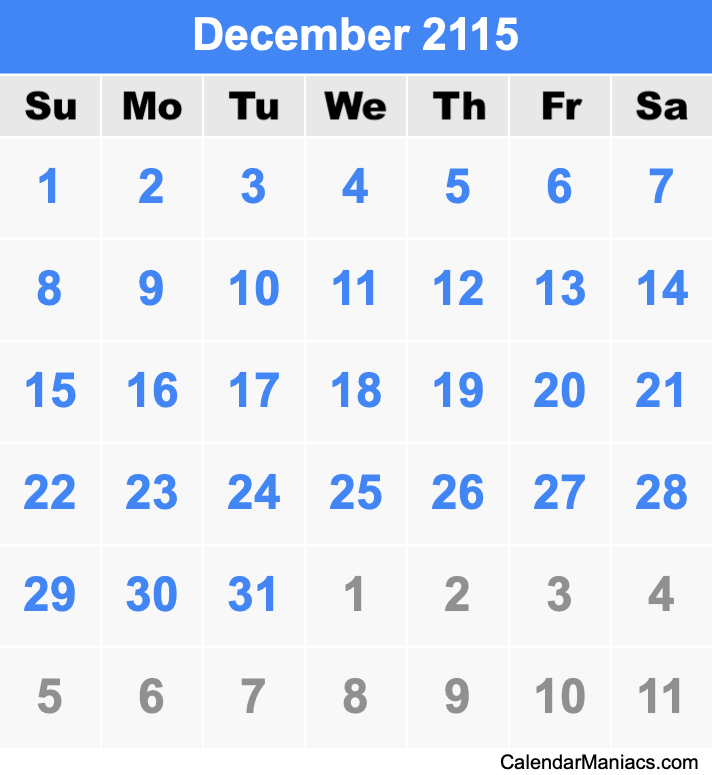 December 2115 Printable Calendar December 2115 Calendar