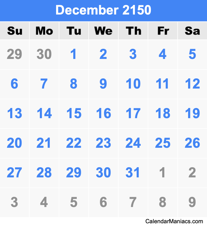 December 2150 Printable Calendar December 2150 Calendar