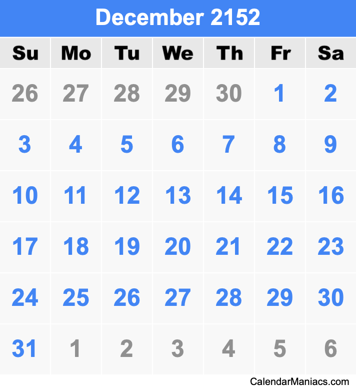 December 2152 Calendar