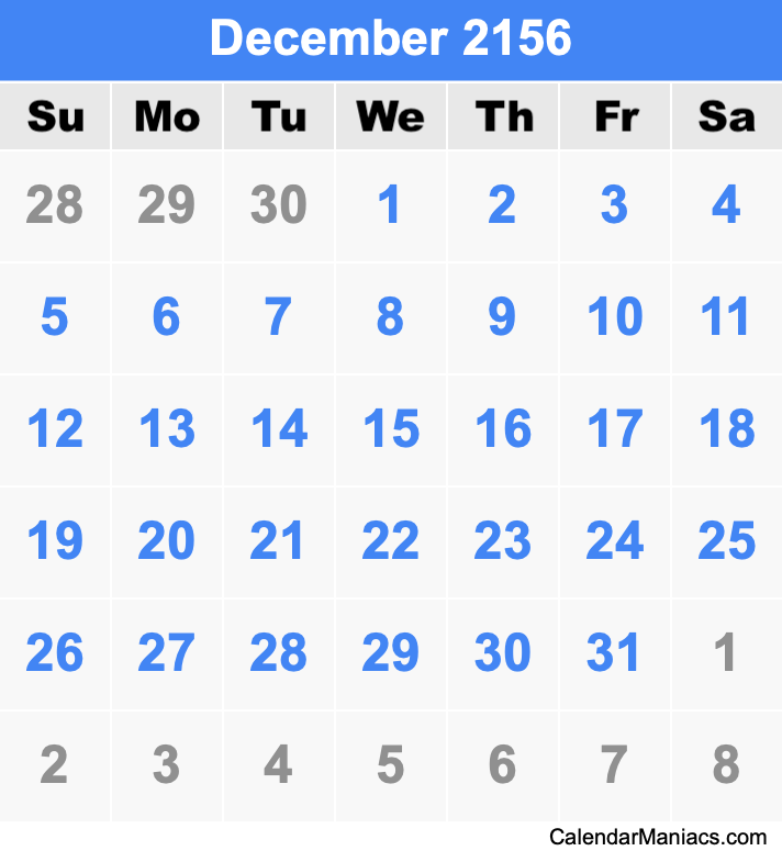 December 2156 Printable Calendar December 2156 Calendar