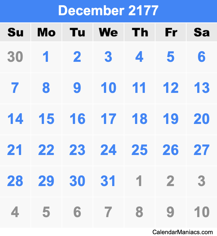 December 2177 Printable Calendar December 2177 Calendar