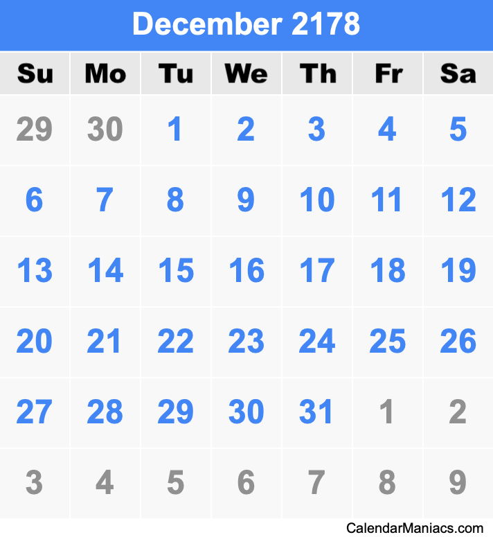 December 2178 Printable Calendar December 2178 Calendar