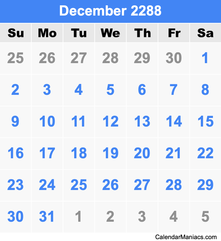 December 2288 Printable Calendar December 2288 Calendar