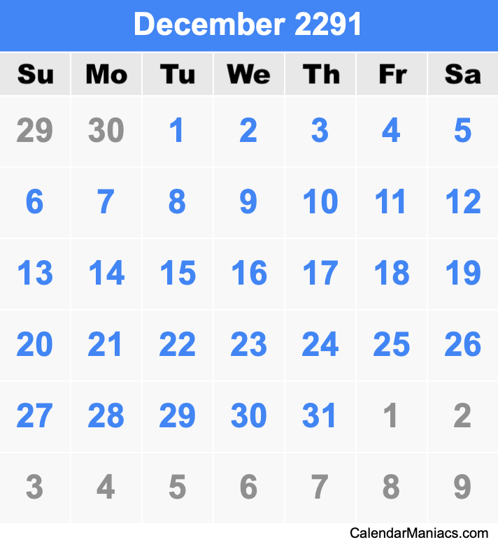 December 2291 Calendar