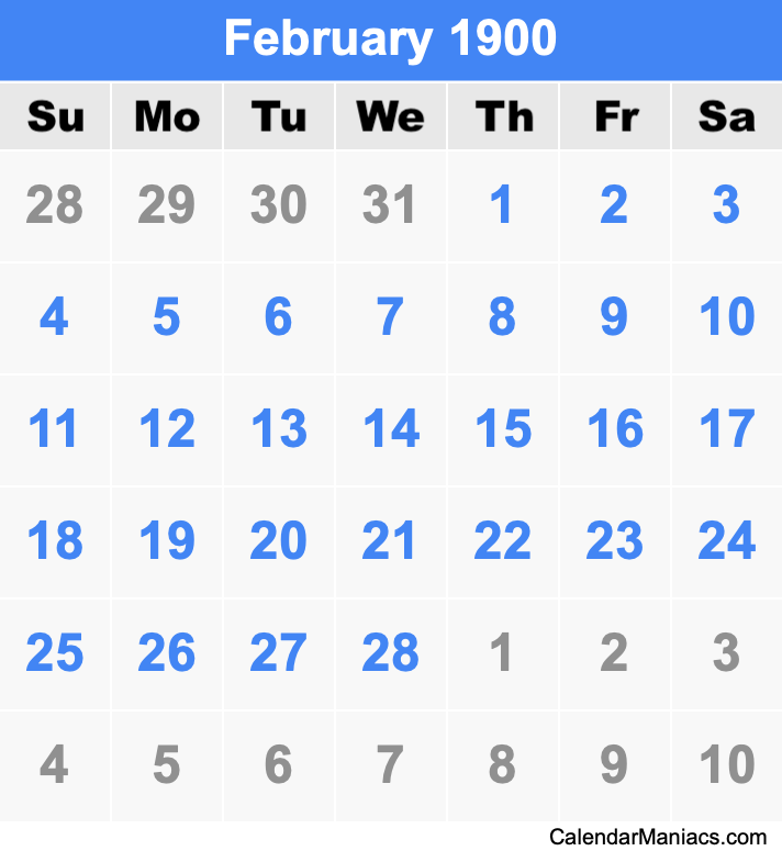 February 1900 Printable Calendar February 1900 Calendar
