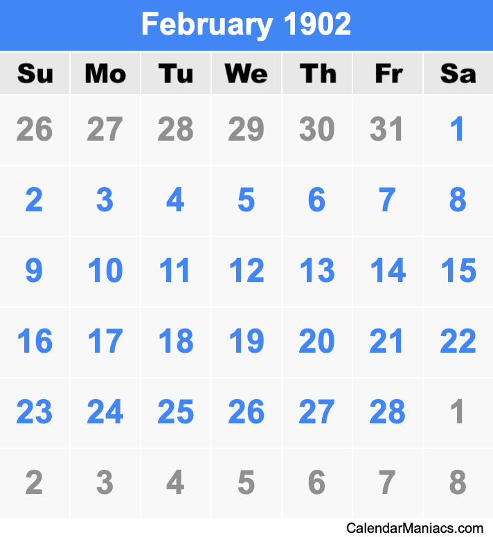 February 1902 Printable Calendar February 1902 Calendar