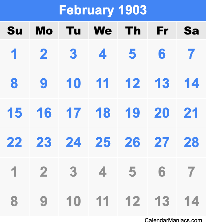 February 1903 Printable Calendar February 1903 Calendar