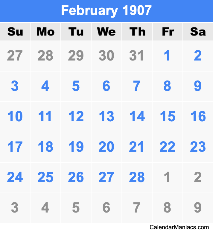 February 1907 Printable Calendar February 1907 Calendar