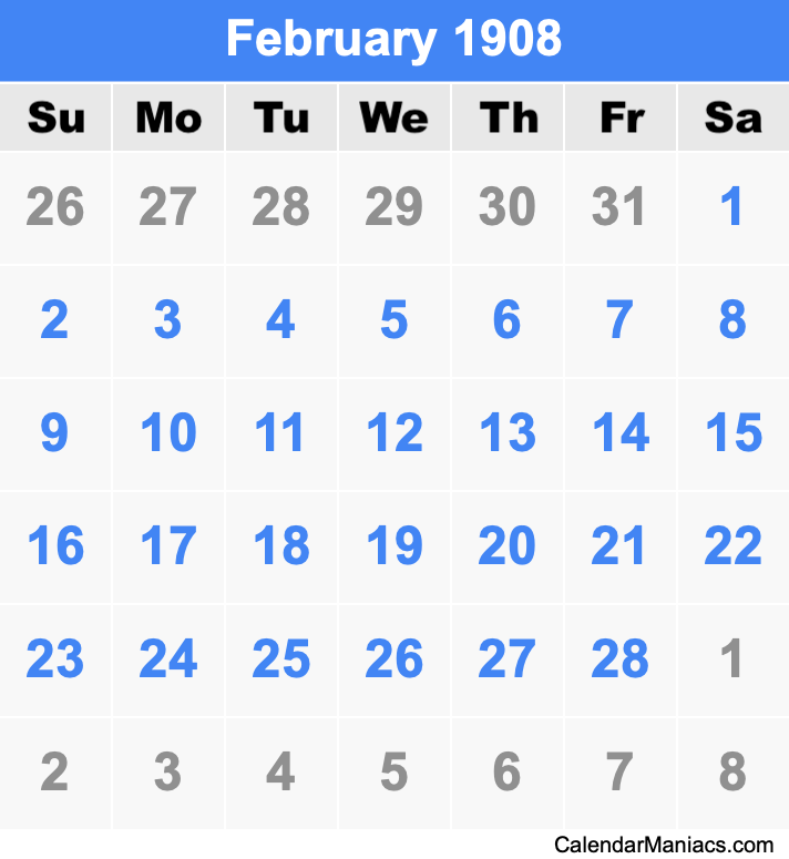 February 1908 Printable Calendar February 1908 Calendar