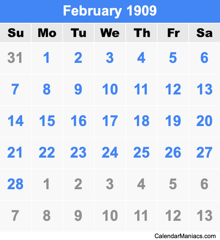 February 1909 Printable Calendar February 1909 Calendar