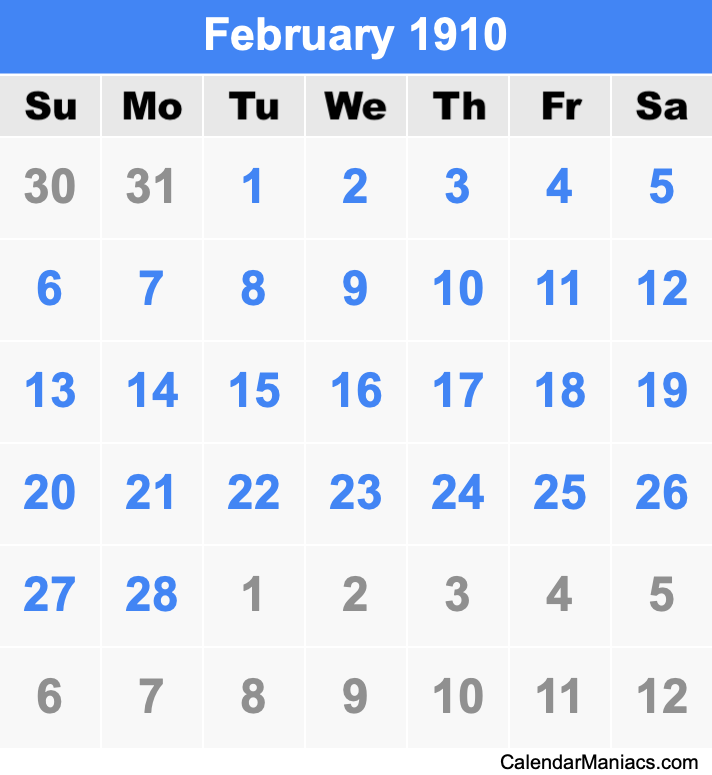 February 1910 Printable Calendar February 1910 Calendar