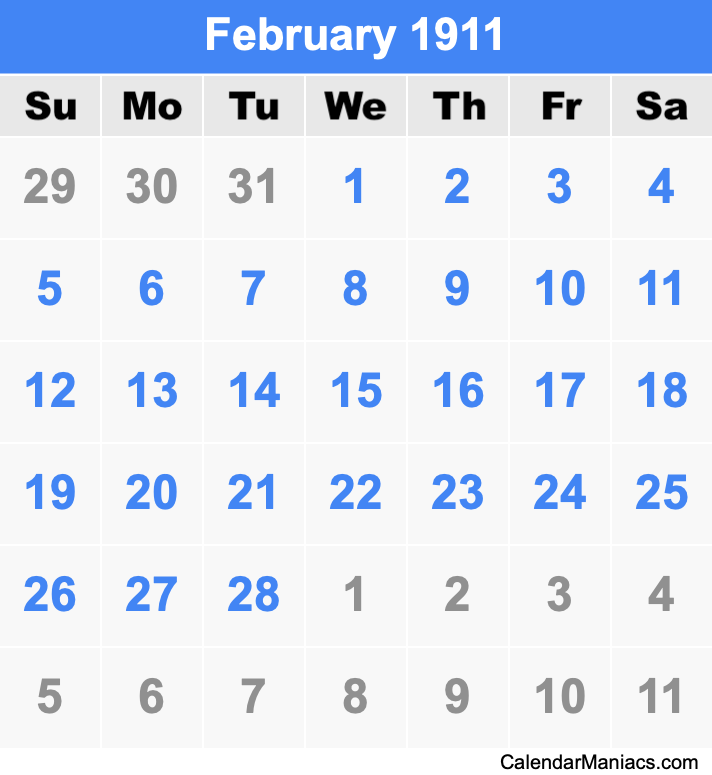 February 1911 Printable Calendar February 1911 Calendar