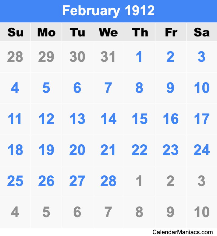 February 1912 Printable Calendar February 1912 Calendar