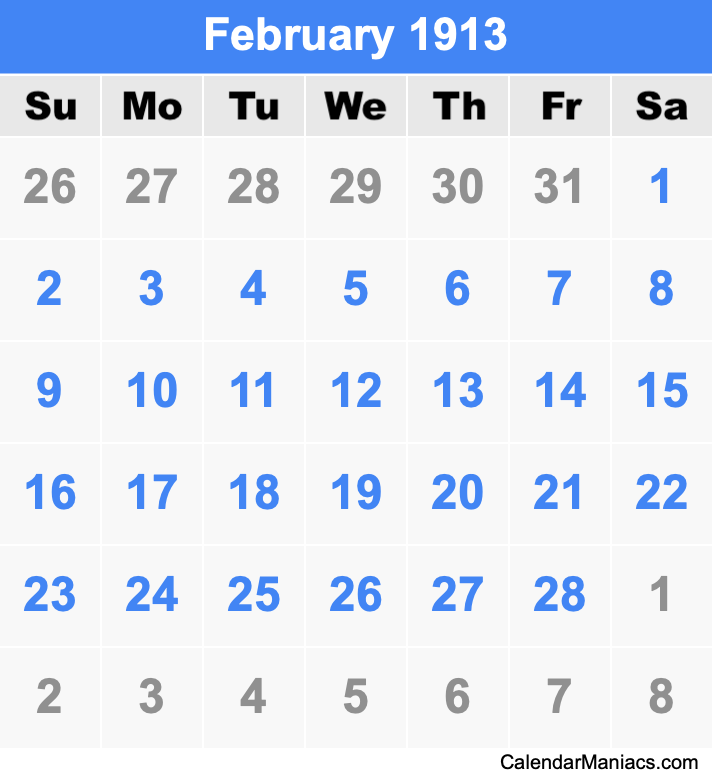 February 1913 Calendar