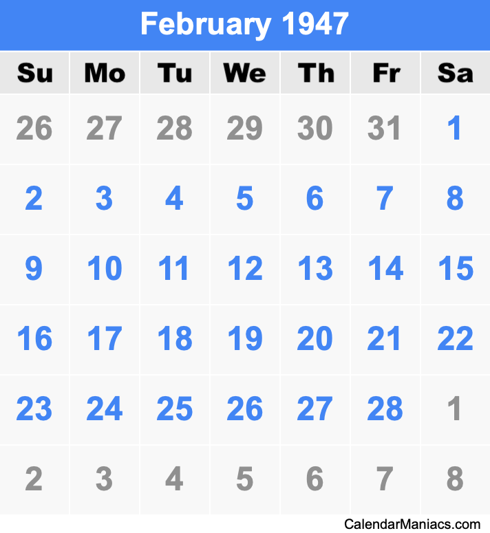 February 1947 Printable Calendar February 1947 Calendar