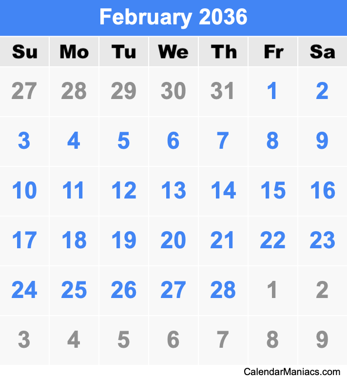 February 2036 Printable Calendar February 2036 Calendar