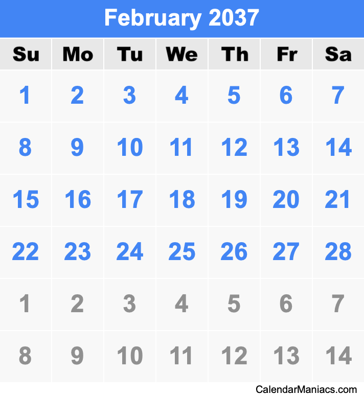 February 2037 Calendar