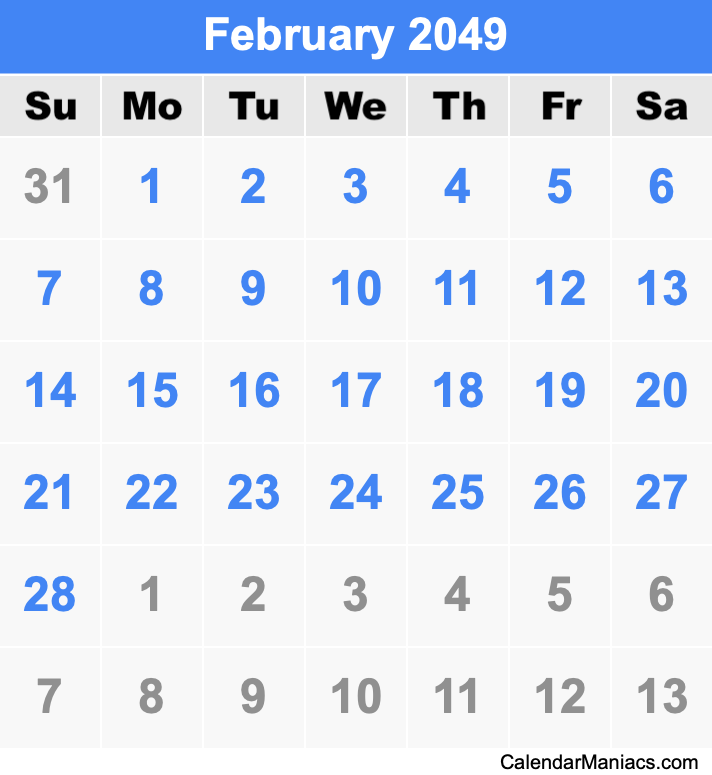 February 2049 Calendar