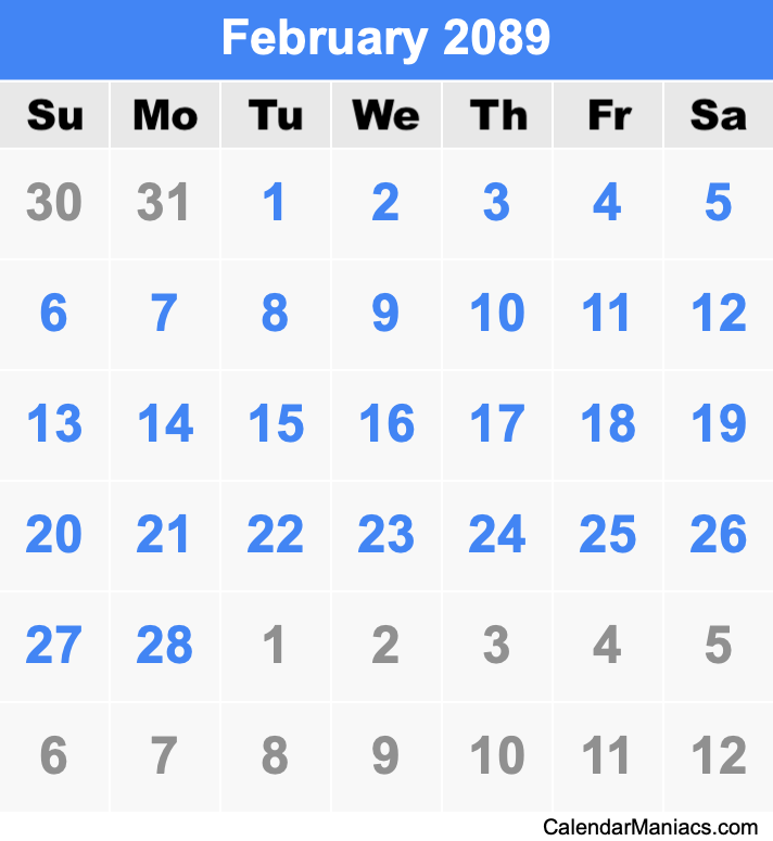 February 2089 Calendar