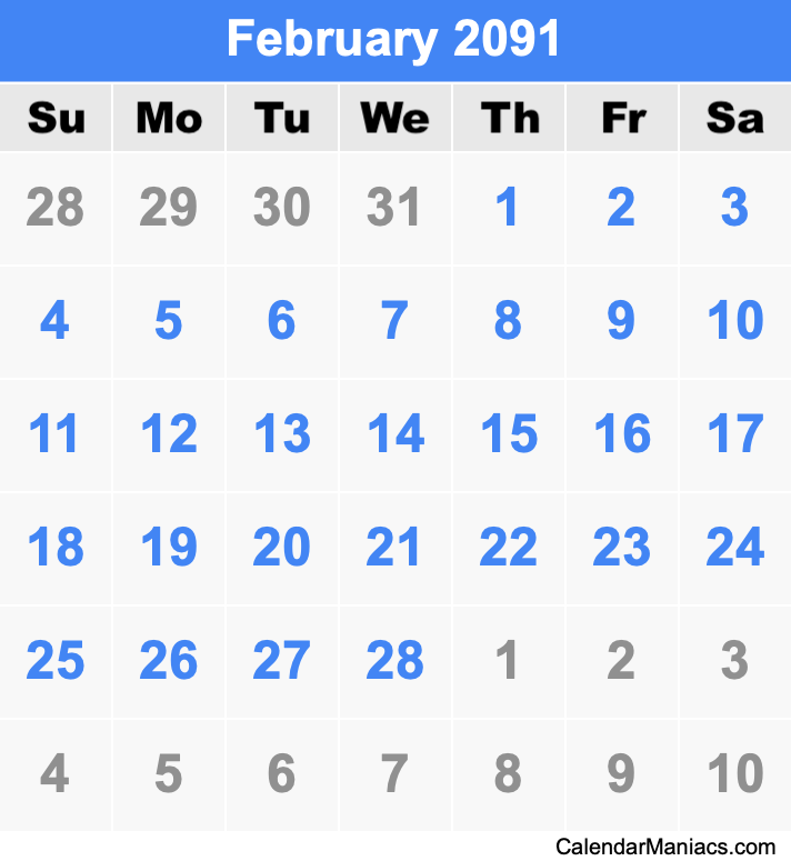 February 2091 Printable Calendar February 2091 Calendar