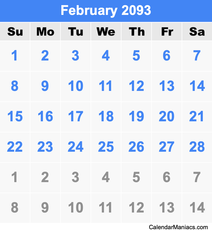 February 2093 Calendar