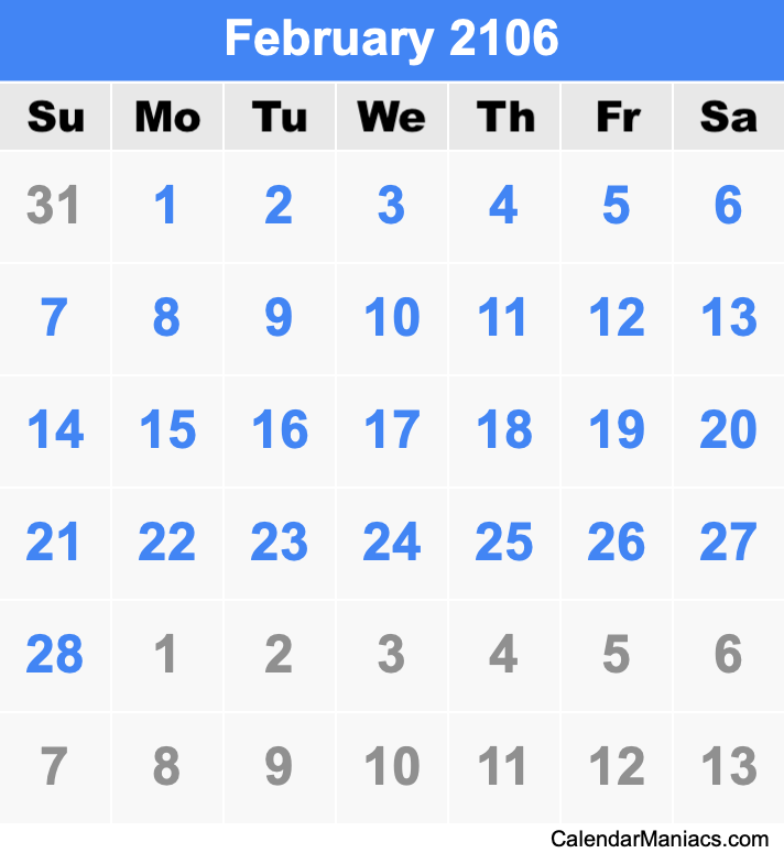 February 2106 Printable Calendar February 2106 Calendar