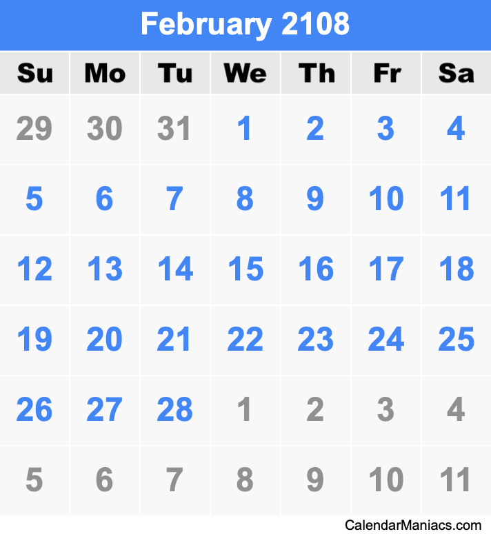February 2108 Printable Calendar February 2108 Calendar