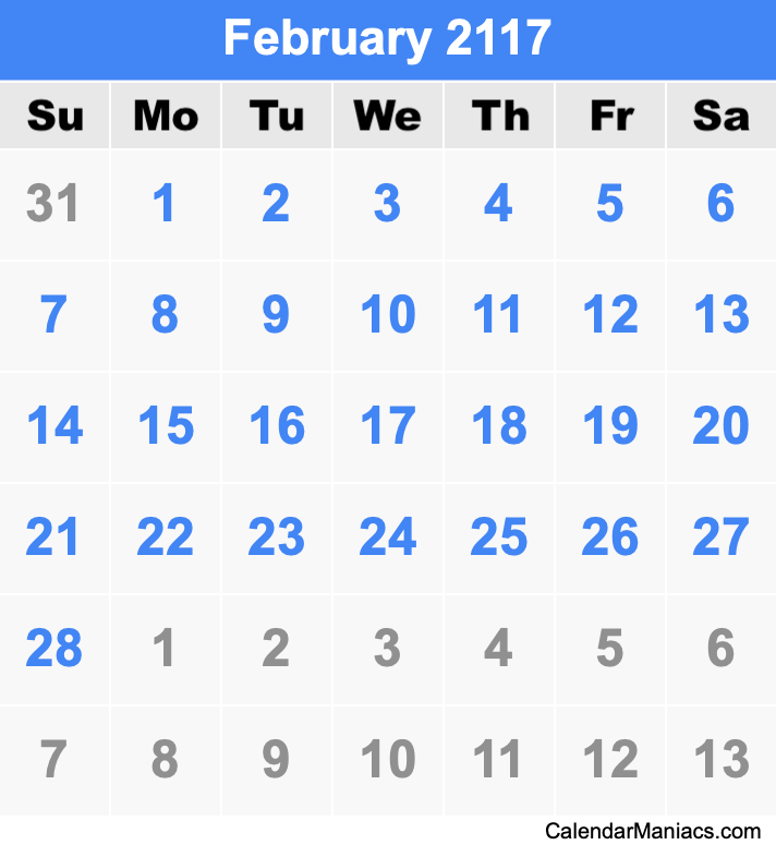 February 2117 Printable Calendar February 2117 Calendar